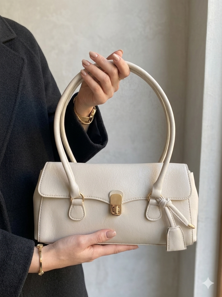 Vintage Stil Uzun Kulplu Kadın Omuz Çantası - Baget Model Metal Tokalı Şık Çanta