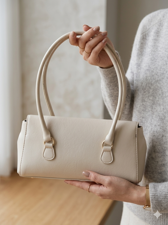 Vintage Stil Uzun Kulplu Kadın Omuz Çantası - Baget Model Metal Tokalı Şık Çanta