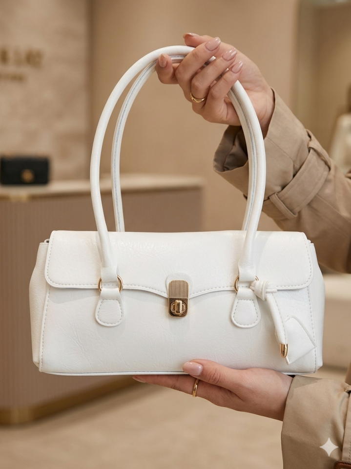 Vintage Stil Uzun Kulplu Kadın Omuz Çantası - Baget Model Metal Tokalı Şık Çanta