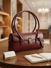 Vintage Stil Uzun Kulplu Kadın Omuz Çantası - Baget Model Metal Tokalı Şık Çanta