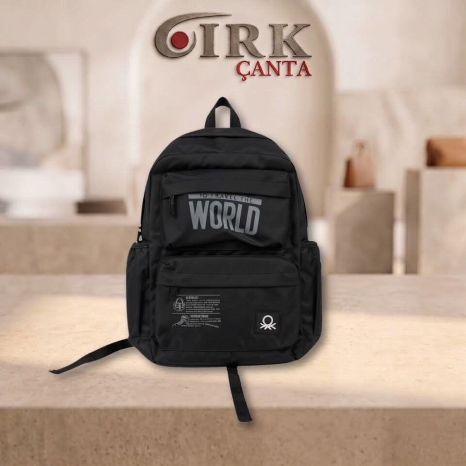 ''TO TRAVEL THE WORLD'' YAZILI ÇİFT ÖN CEPLİ OKUL VE SPOR SIRT ÇANTASI